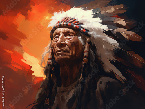 Indian. Native American wearing a feathered headdress. Digital art. photo