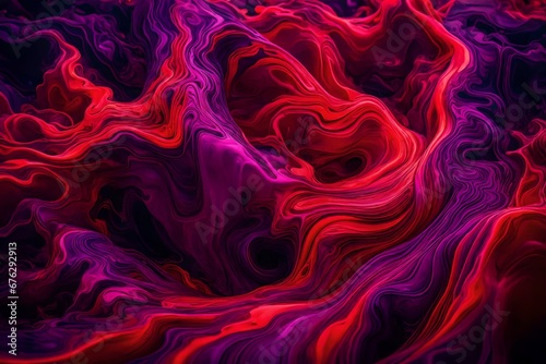 Fluid streams of neon red and violet forming a captivating liquid art piece.