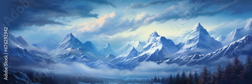 Snowy mountains in the clouds. Digital art.
