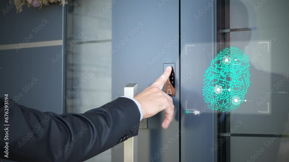 A man using biometric fingerprint sensor for open smart home door. 3D render