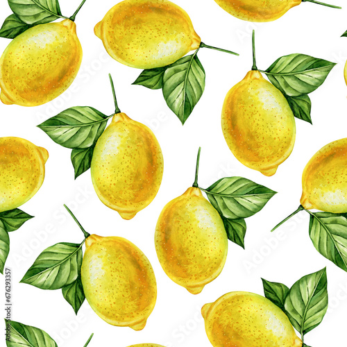 Lemon seamless background with fruits. Modern design for paper, cover, fabric, decor. Botanical watercolor fruit pattern
