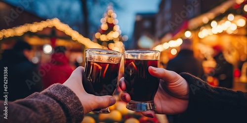 People at the festive Christmas market with mulled wine in their hands, Close up of couple friends toasting with glasses of warm mulled wine photo