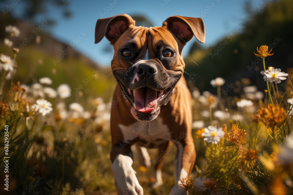 Boxer dog running in a meadow