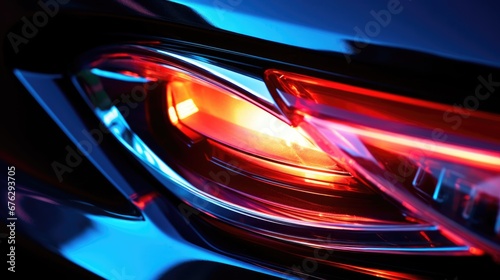 Car headlights with light rays banner. Car headlight close up. Neon background photo