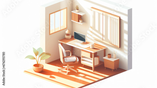 Home office, 3D render or professional space for work, freelance or interior concept in home. Cubicle, artwork, working space for work, job or virtual reality game application with furniture or remod