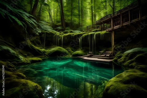 A tranquil pool of emerald, a hidden gem in a secluded forest