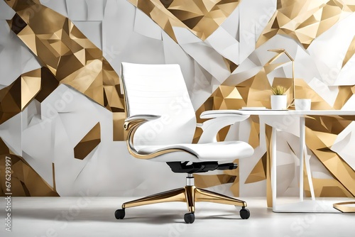 A high-tech white and gold desk chair with ergonomic design, set against an abstract background. photo