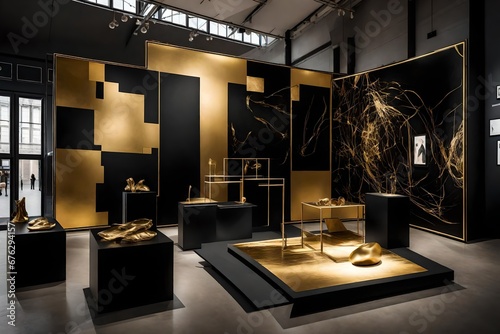 A smart black and gold exhibition display with interactive features, set in a contemporary art gallery with abstract, avant-garde artworks. photo