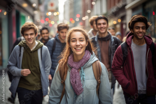 Group of young happy friends walking in the street of the city. Smiling students laughing and having fun togethers