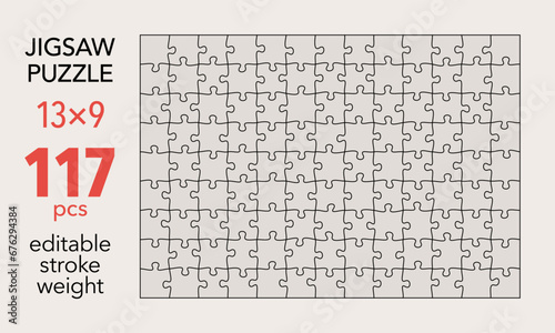 Empty jigsaw puzzle grid template, 13x9 shapes, 117 pieces. Separate matching irregularly elements. Flat vector illustration layout, every piece is a single shape.