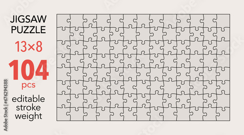 Empty jigsaw puzzle grid template, 13x8 shapes, 104 pieces. Separate matching irregularly elements. Flat vector illustration layout, every piece is a single shape.