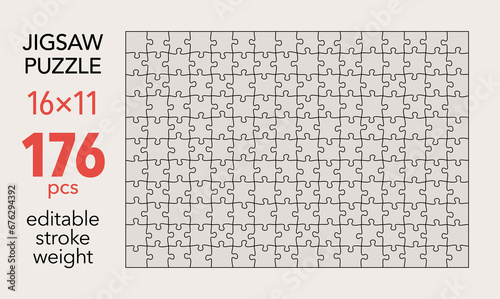 Empty jigsaw puzzle grid template, 16x11 shapes, 176 pieces. Separate matching irregularly elements. Flat vector illustration layout, every piece is a single shape.