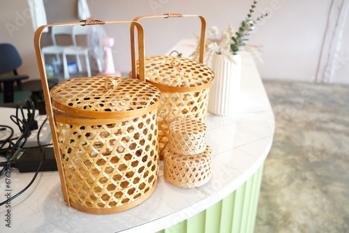 round bamboo basket handwoven original in Thai , handcraft traditional.