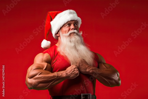 Muscular body builder Father Santa Claus on red background showing his muscles. christmas holidays