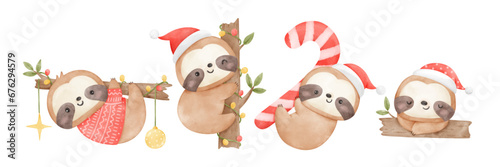 Draw character baby sloths christmas with santa hat For Christmas Winter Watercolor style