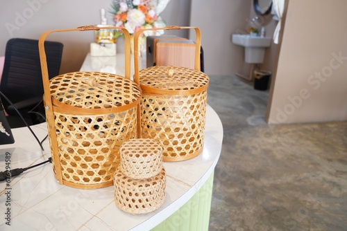 round bamboo basket handwoven original in Thai , handcraft traditional.