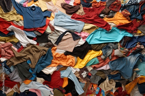 Top view of a lot of clothes thrown away. Overproduction, fast-fashion and mass consumption concept. © troyanphoto