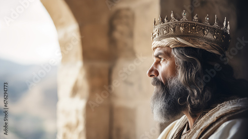 Portrait of a biblical King with a crown looking out the window. Old testament concept. photo