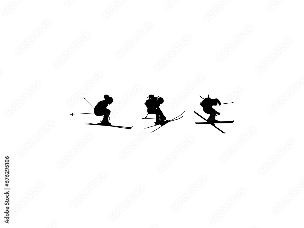 Set of Ski jumping Silhouette in various poses isolated on white background Set of Ski jumping Silhouette in various poses isolated on white background