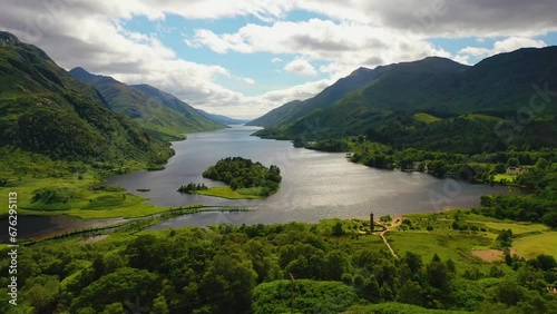 Aerial Panoramic View And Approach Of Loch Shiel And Glenfinnan Monument, Glenfinnan, Scottish Highlands, Scotland, United Kingdom. Scottish Landmark. Views Of Scotland. Scottish Landscape. photo