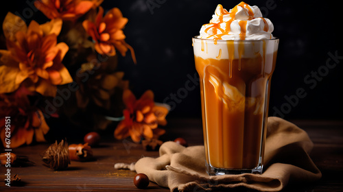 Pumpkin caramel iced latte with whipped cream and caramel syrup