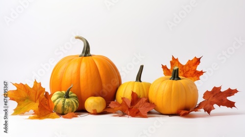 autumn leaves and pumpkins on white background.