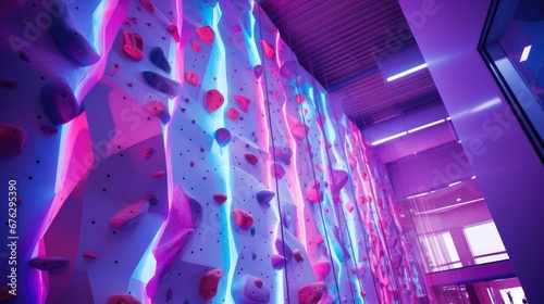 Neon wall with climbing holds in gym. Climbing wall. Sports and active lifestyle photo