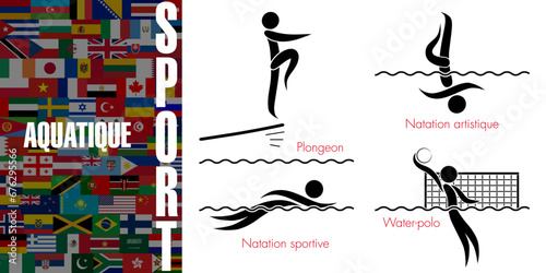 Ensemble de pictogrammes représentant les 4 disciplines sportives aquatiques - Texte sur un fond de drapeaux mondiaux, Traduction : sport aquatique.
