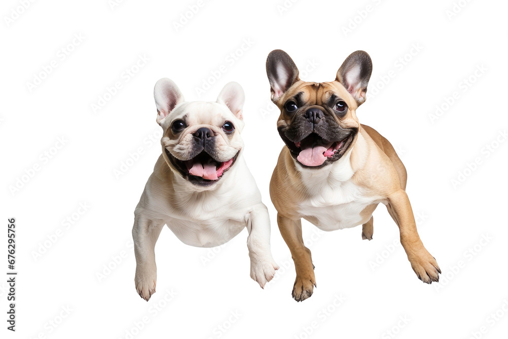 a quality stock photograph of two laughing happy jumping french bulldogs full body isolated on a white background