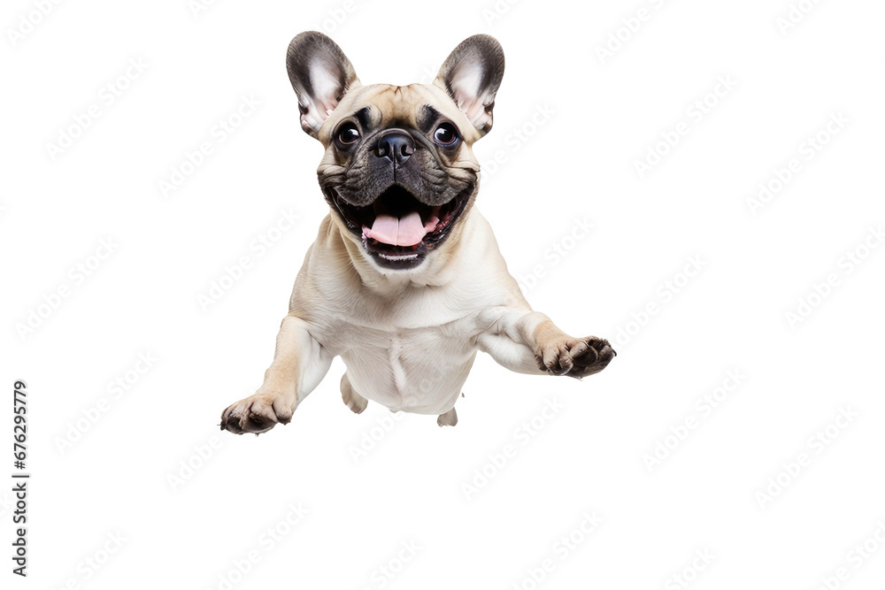 a quality stock photograph of a single laughing happy jumping french bulldog full body isolated on a white background