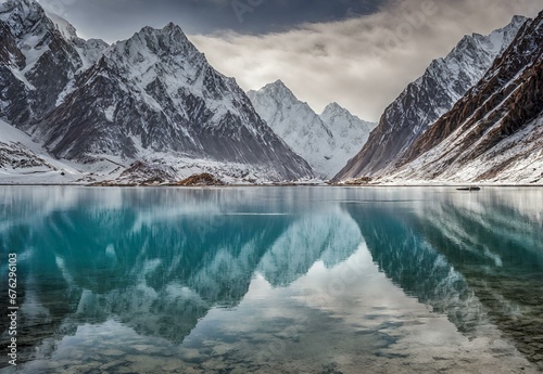 A scene of tranquility, highlighting the crystal-clear waters of Attabad Lake reflecting the snowy peaks of the Karakoram Range. photo