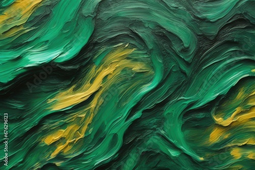 Closeup of abstract rough colorfuldark green art painting texture background wallpaper, with oil or acrylic brushstroke waves, pallet knife paint on canvas photo