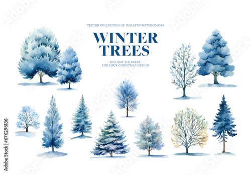 Winter trees set. Watercolor hand drawn illustration isolated on white background