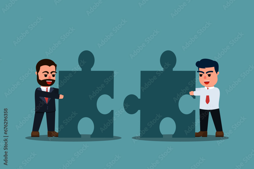 Businessman helping to complete a jigsaw puzzle. Working together as a team for success. Team metaphor and teamwork concept. Vector illustration Businessman helping to complete a jigsaw puzzle. Working together as a team for success. Team metaphor and teamwork concept. Vector illustration