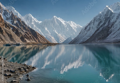 A scene of tranquility, highlighting the crystal-clear waters of Attabad Lake reflecting the snowy peaks of the Karakoram Range.