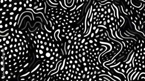Seamless hand drawn small dense polkadot animal spots pattern in white on black background. Abstract aboriginal dot art motif or organic cellular texture in a trendy doodle line art or . Generative Ai