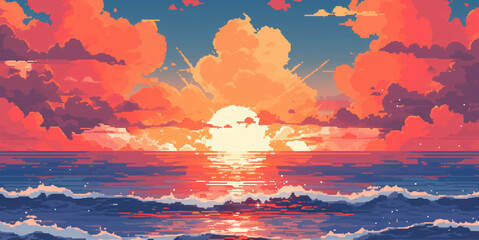 Papier peint photo Corail Sunset or sunrise in ocean, nature landscape background, pink clouds. Evening or morning view pixel art illustration.  © junghc1