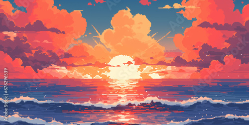 Sunset or sunrise in ocean, nature landscape background, pink clouds. Evening or morning view pixel art illustration.