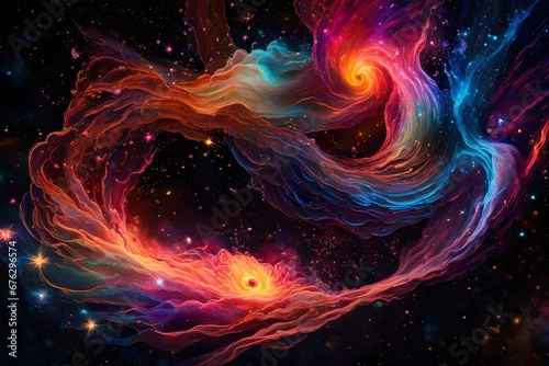 Neon liquid galaxies colliding in an explosion of colorful stardust