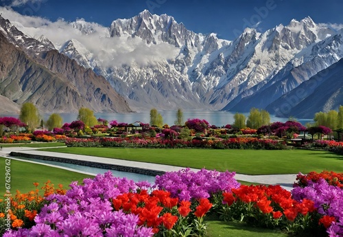 A visual masterpiece showcasing the vibrant colors of Shangrila Resort's flower gardens against the backdrop of Skardu's majestic mountains. photo