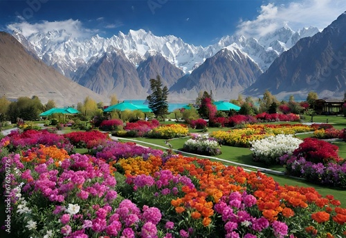 A visual masterpiece showcasing the vibrant colors of Shangrila Resort's flower gardens against the backdrop of Skardu's majestic mountains. photo