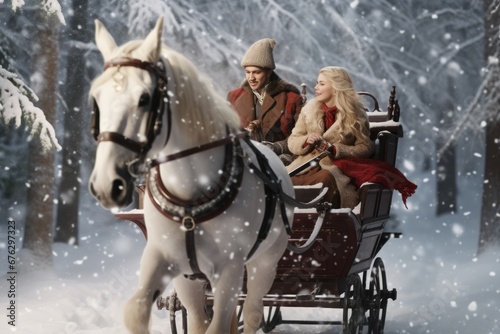 a pretty woman sharing a sleigh ride with her loved one through a snow-covered forest, their smiles reflecting the liberating emotional state of wintertime romance and togetherness