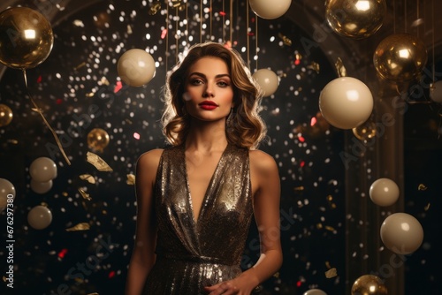 Beautiful young woman at a glamorous New Year's Eve ball, her elegant attire and the enchanting decor portraying the liberated and magical mood of a grand celebration photo