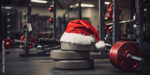 Father Christmas hat on a gym dumbbell weight. New year resolution and healthy lifestyle, red Santa hat. Exercise equipment fitness gift. holiday season winter composition. Gym workout, sport training photo