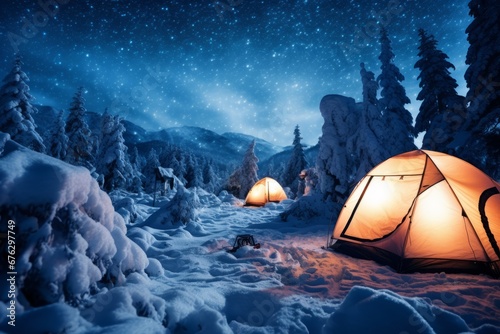 the coziness of a winter camping scene, with tents illuminated from within, surrounded by snow, and a starry sky overhead, conveying the peacefulness of winter nights in the great outdoors