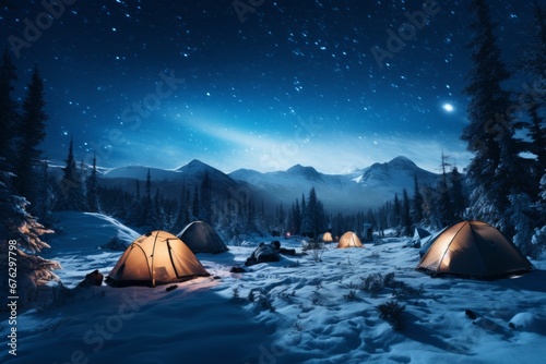 the coziness of a winter camping scene, with tents illuminated from within, surrounded by snow, and a starry sky overhead, conveying the peacefulness of winter nights in the great outdoors