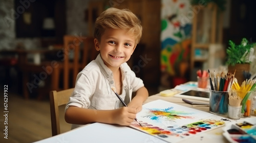 Happy school little boy multicolor painting a white paper. A paintbrush creative art and craft class at school.