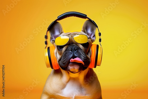 Funny dog with headphones on a color background.