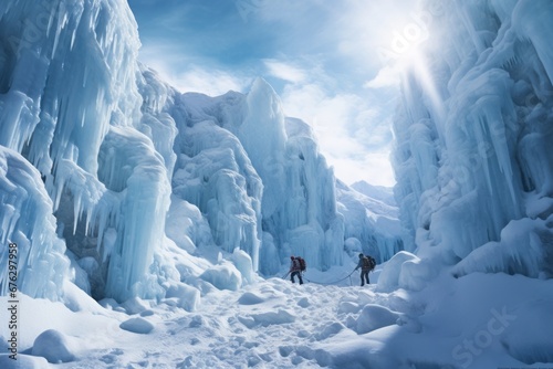 Group of ice climbers ascending a frozen waterfall, their vibrant gear standing out against the icy backdrop, providing a unique and adventurous winter perspective