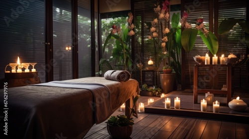 Spa salon for Thai massage interior. Blurred background. Cozy room photo
